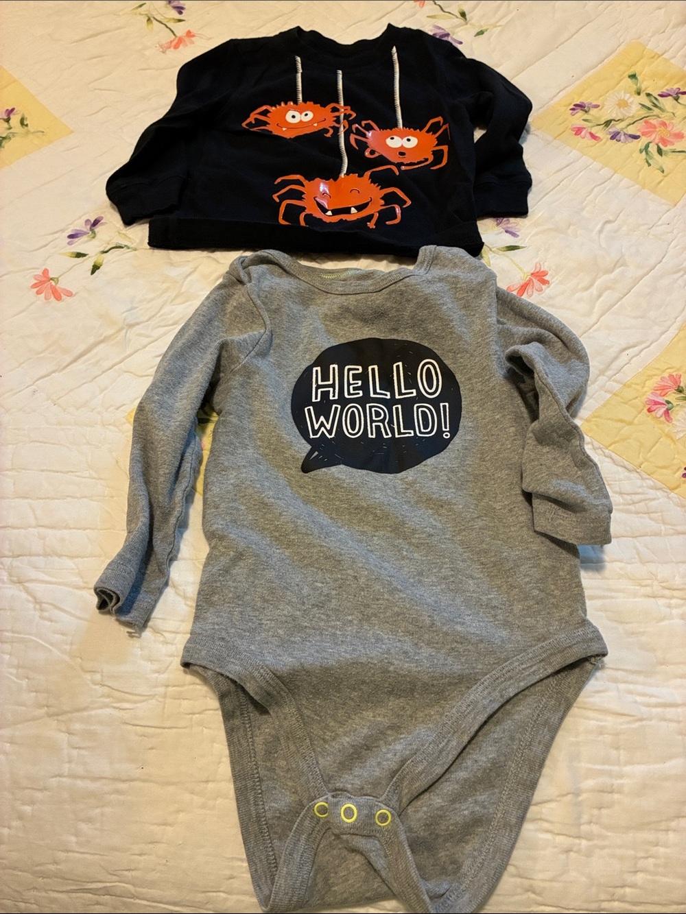 Gray "HELLO WORLD!" Baby Bodysuit & Spider Shirt sz  9 Months